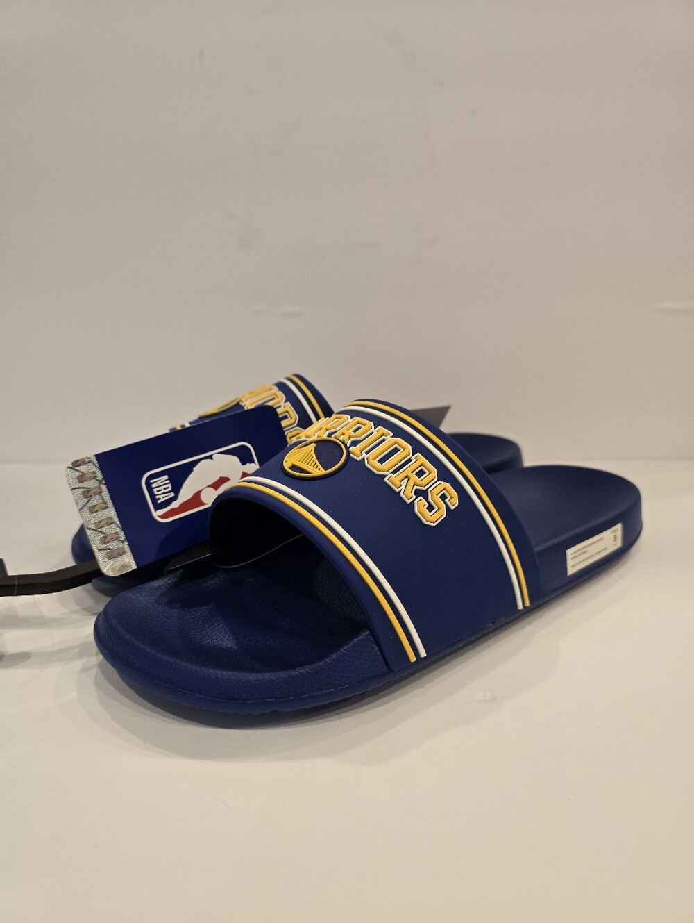 NBA Golden State Warriors Navy and Yellow Slide Sandals. Marked Size 7-8 Mens